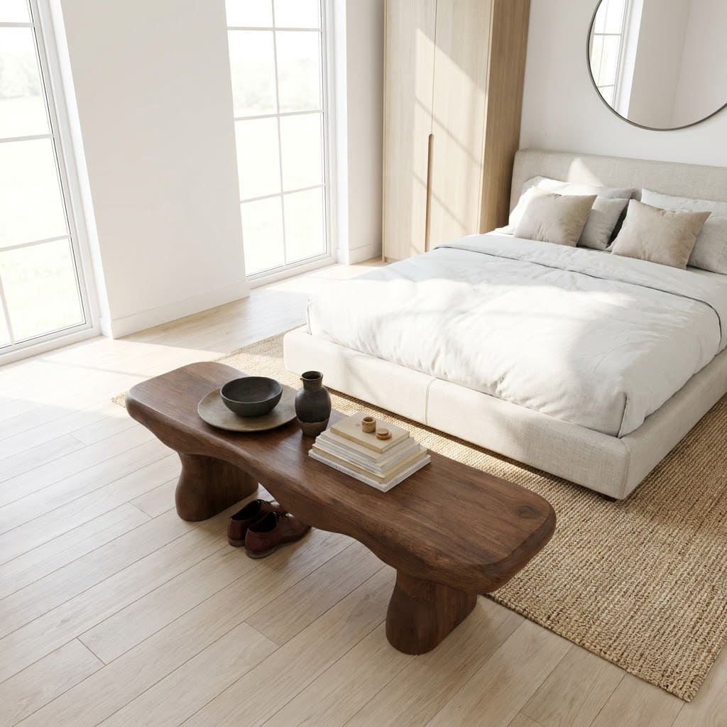 Modern solid wood accent bench with a chunky sculptural design for elegant bedroom interiors