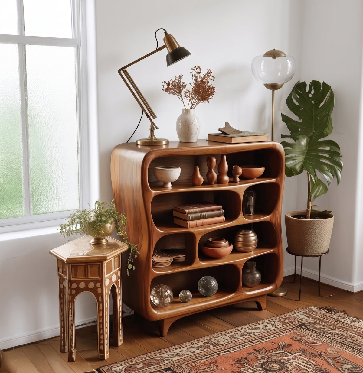 Handmade wood bookshelf for books and decorative display