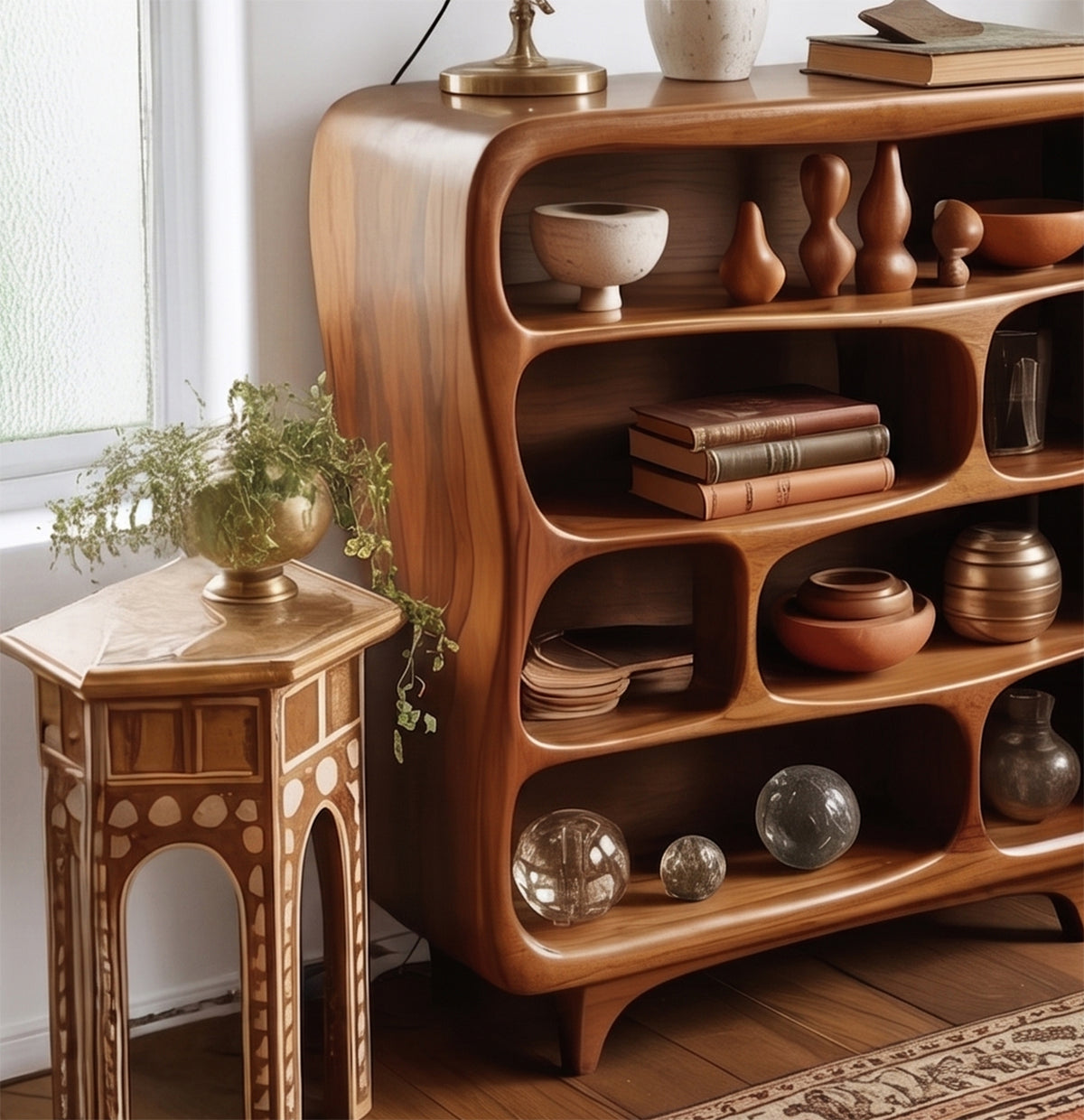 Artistic solid wood bookcase with sculptural silhouette