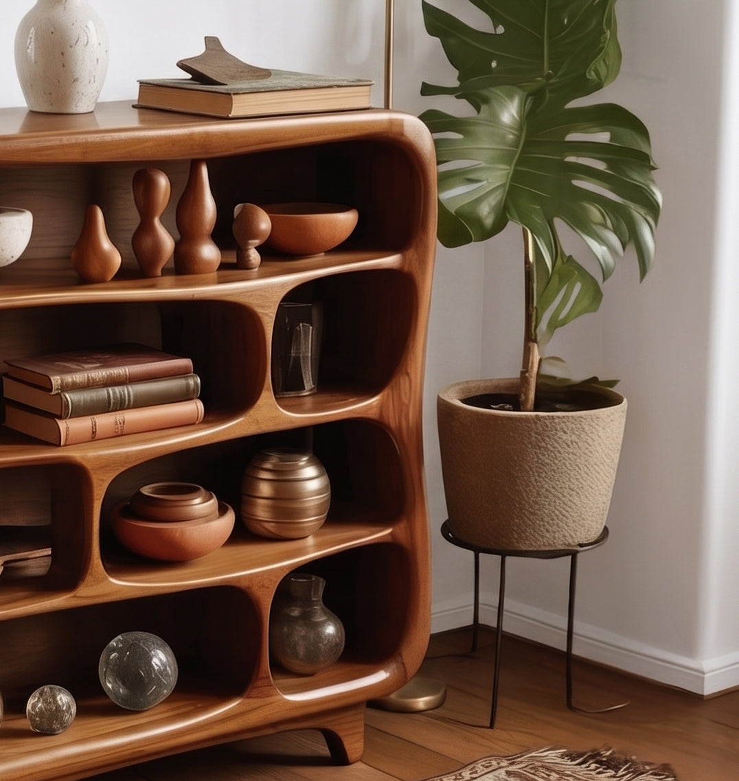 Curved wooden bookshelf for modern living room storage