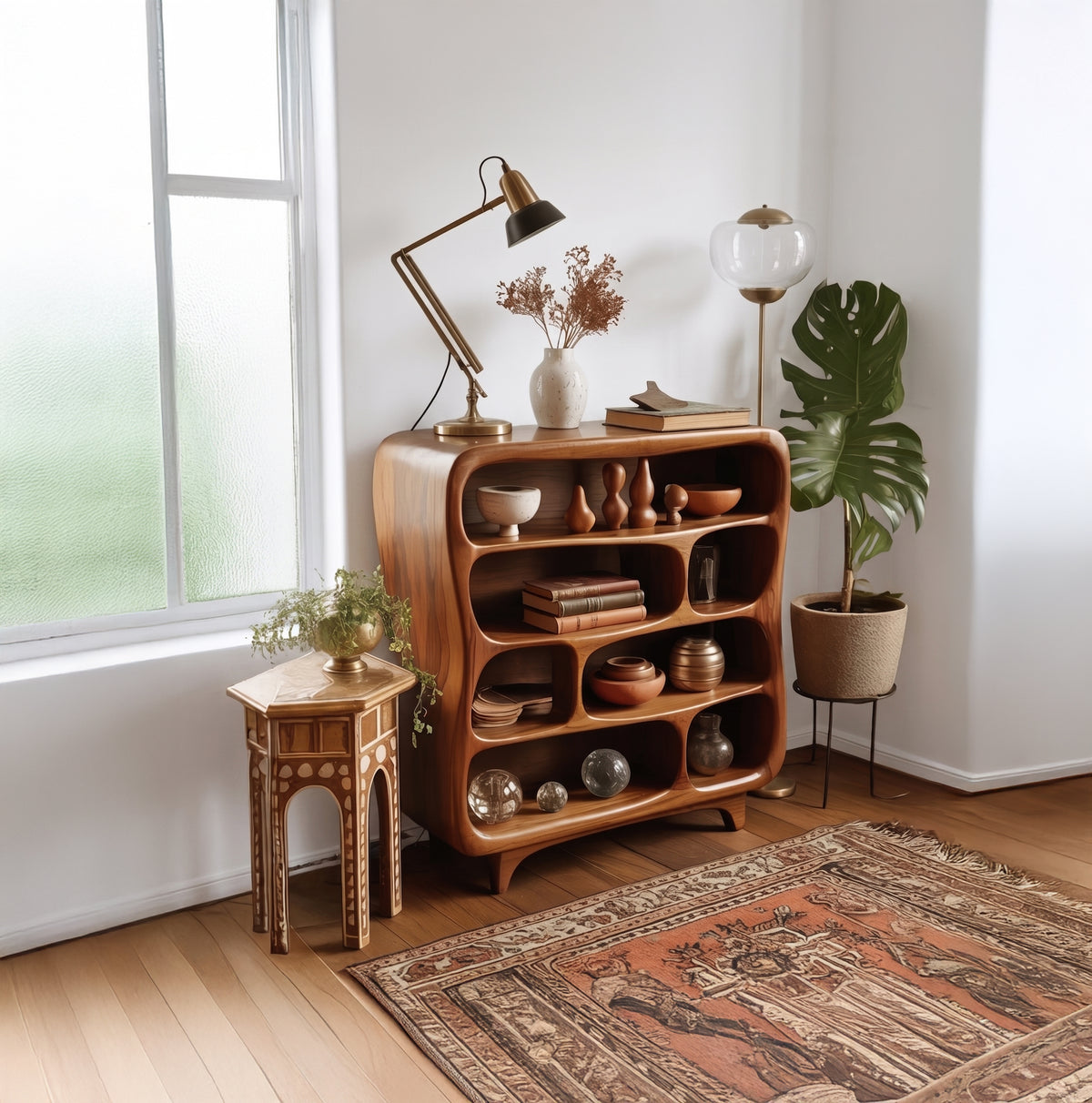 Sculptural curved solid wood bookshelf with artistic design