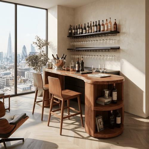 Sculptural Curved Solid Wood Home Bar Table & Kitchen Island with Wine Storage Shelves