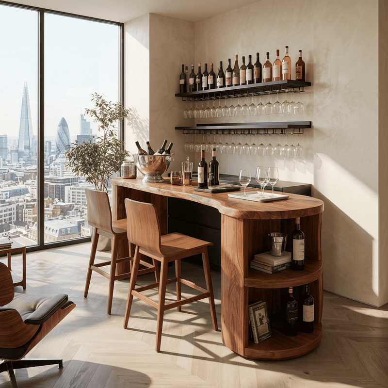 Sculptural curved home bar table crafted from solid wood with wine storage shelves