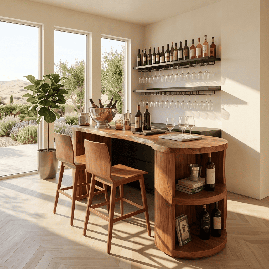 Sculptural curved solid wood home bar table with wine storage shelves for modern kitchen interiors