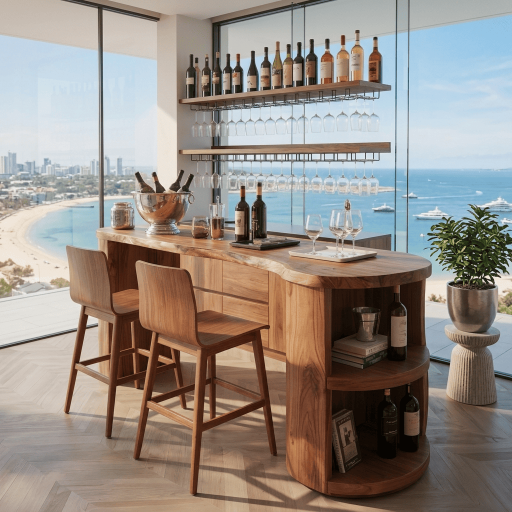 Curved solid wood home bar table with integrated wine shelves for contemporary entertaining spaces
