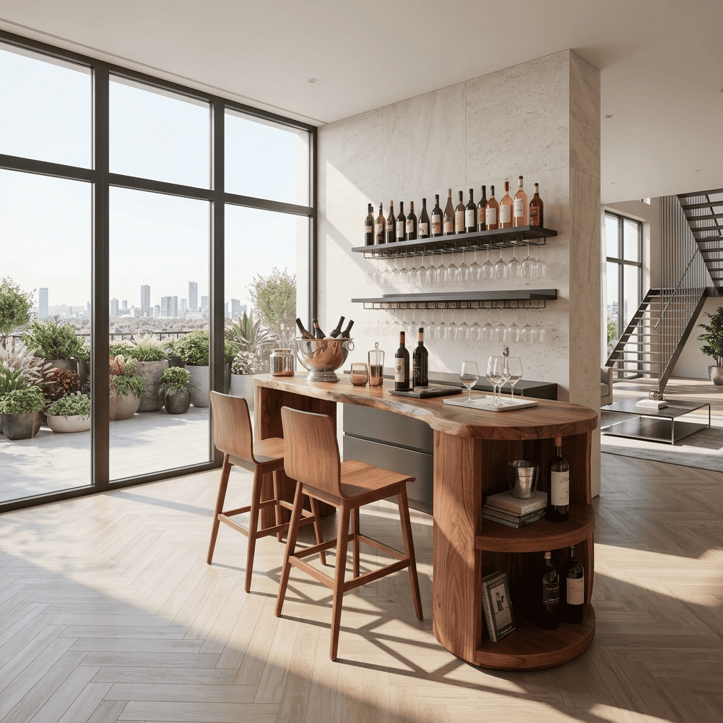 Sculptural solid wood kitchen island with curved design and wine storage for stylish home interiors
