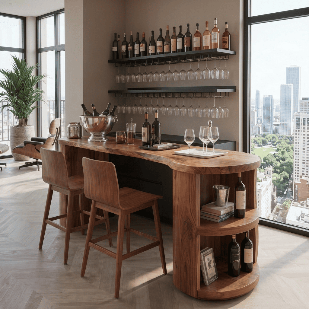 Modern curved solid wood bar table and kitchen island with wine shelves for elegant dining spaces