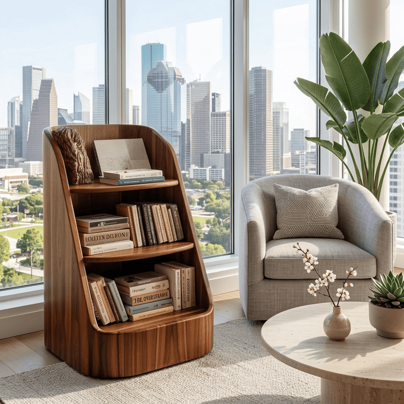 Sculptural curved low magazine rack in solid wood