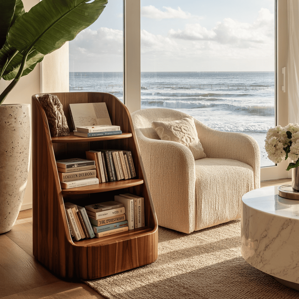 Sculptural curved solid wood magazine rack for a cozy reading nook