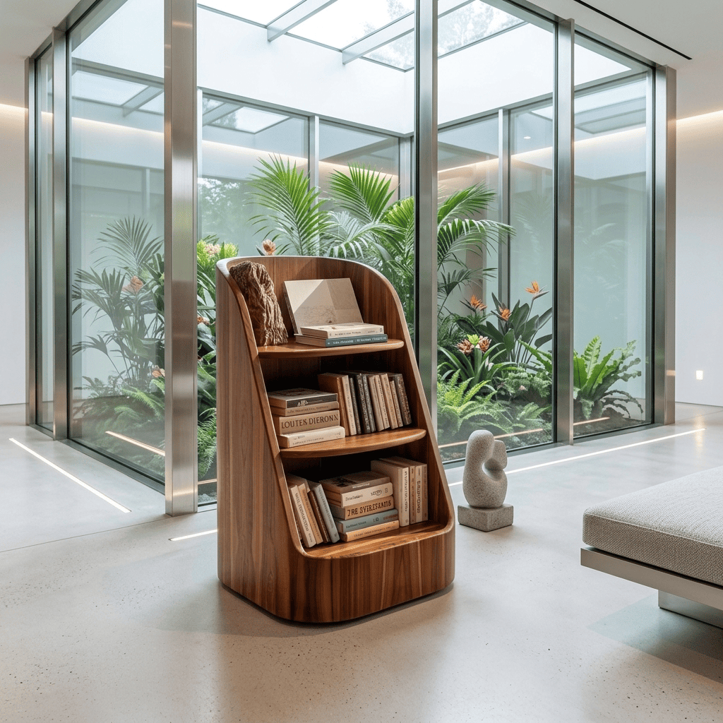 Curved solid wood magazine stand styled in a modern reading corner