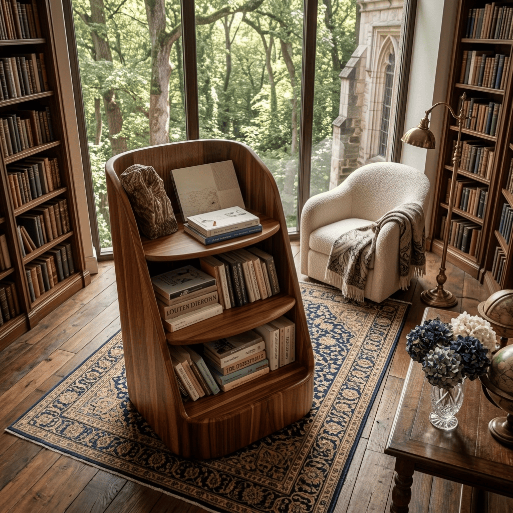 Magazine rack crafted from solid wood with a sculptural curved design for a cozy reading nook
