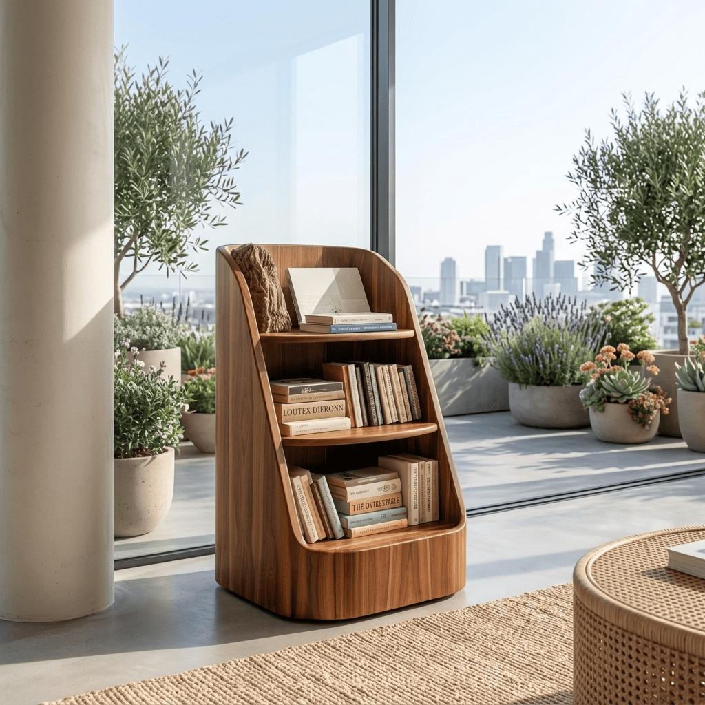 Sculptural Curved Solid Wood Low Magazine Rack & Reading Nook Book Stand