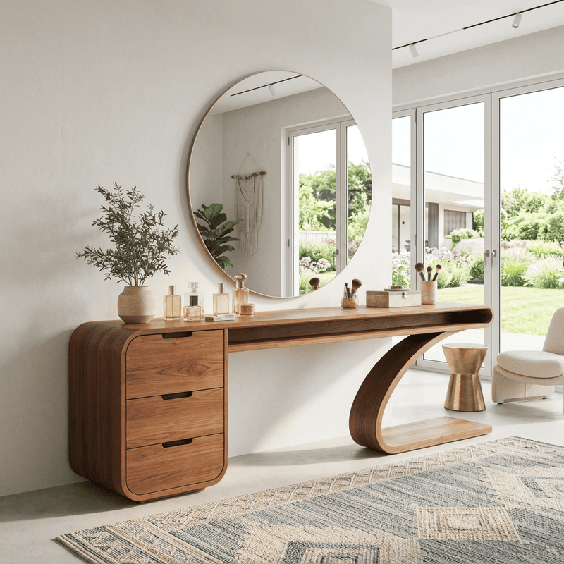 Sculptural curved makeup vanity desk with 3 drawers in solid wood