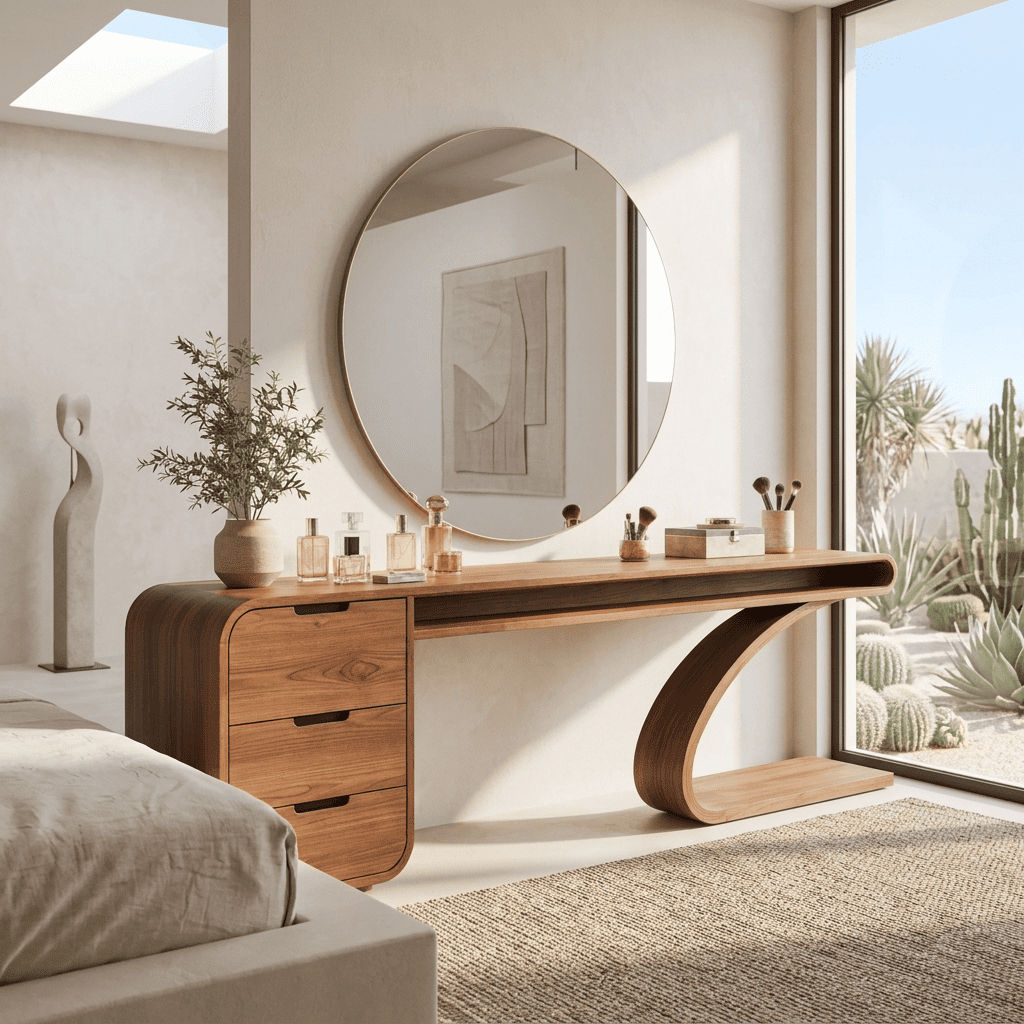 Sculptural solid wood makeup vanity desk with 3 drawers styled in a modern master bedroom