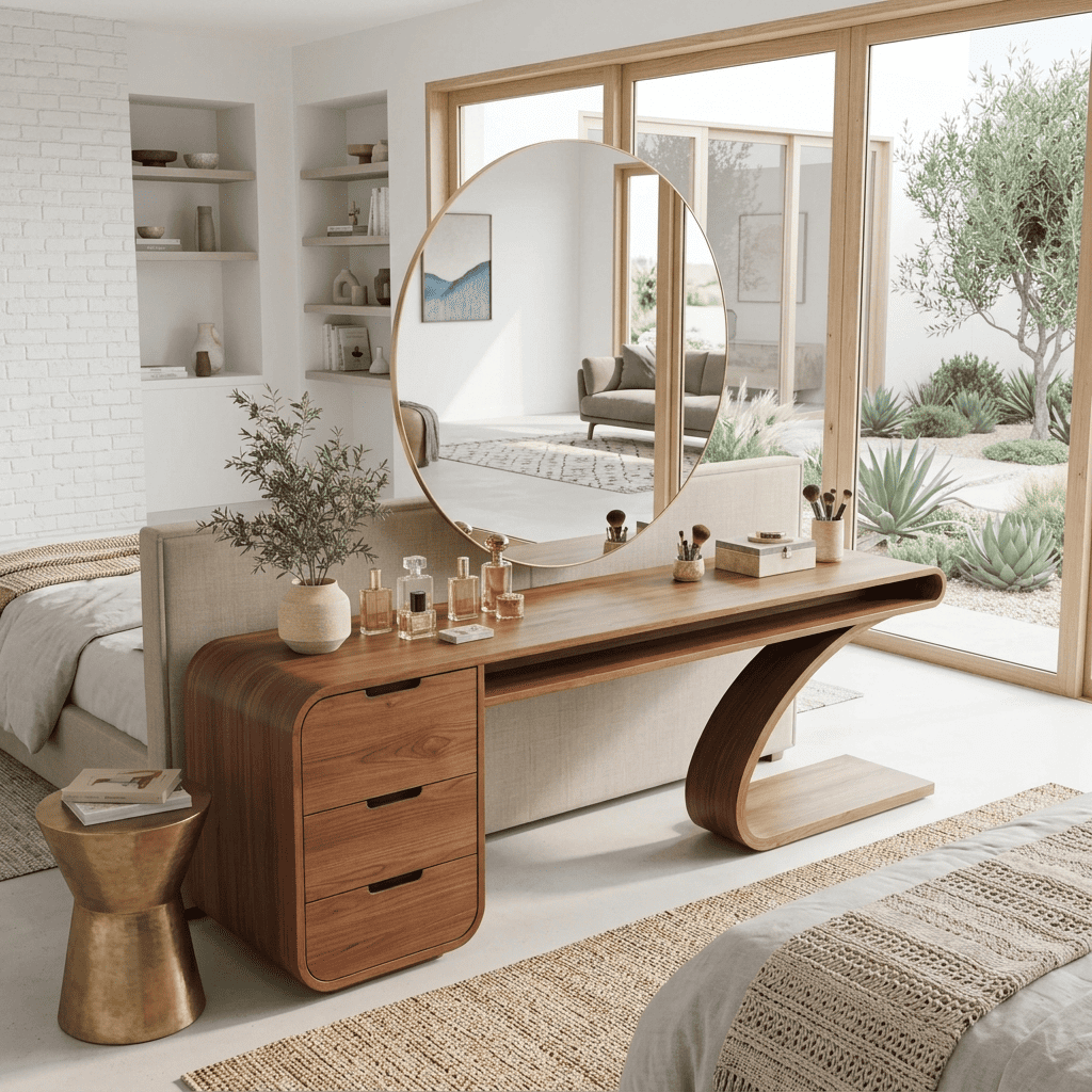 Minimalist solid wood dressing table with storage in a sunlit beauty dressing room