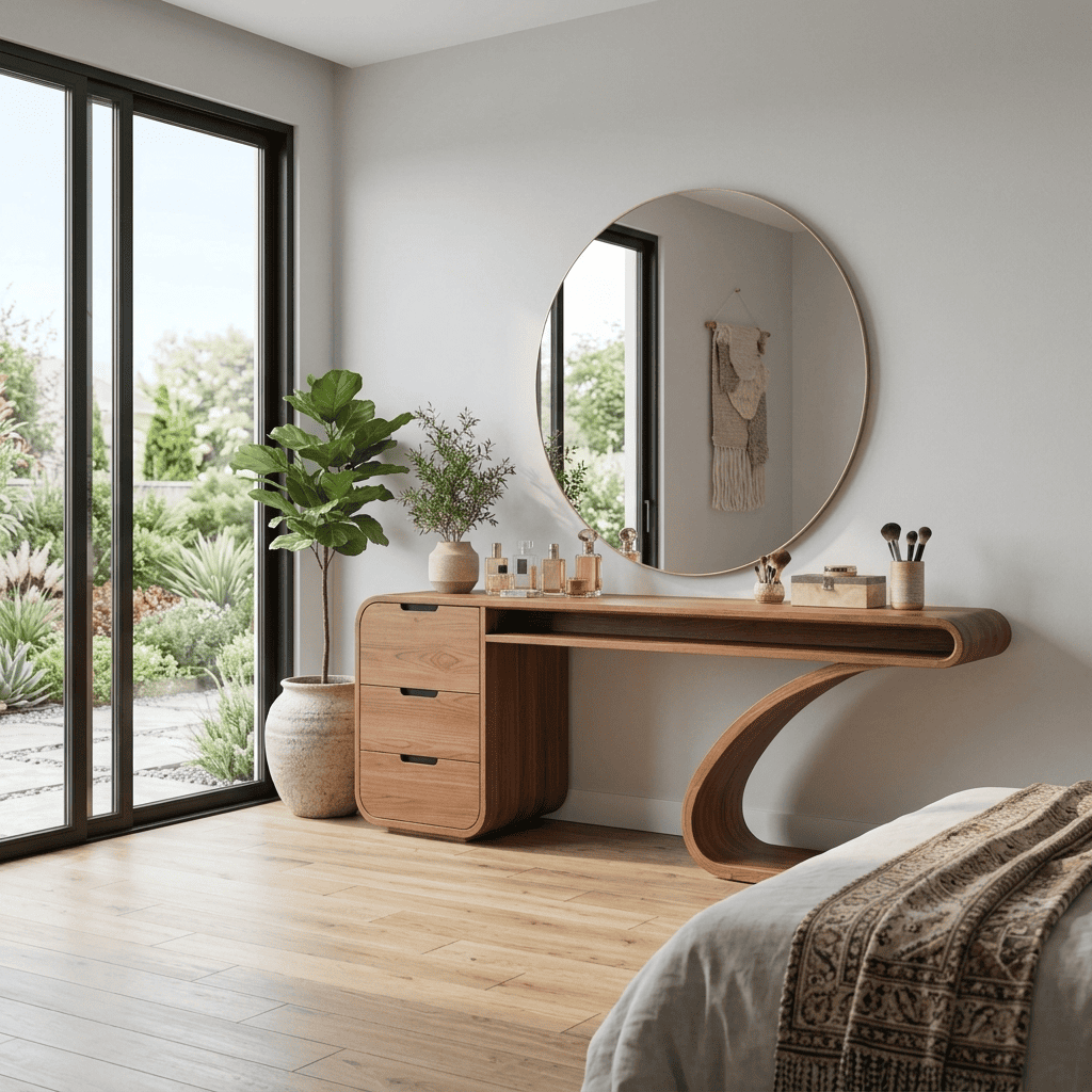 Contemporary natural wood curved console table for an elegant bedroom