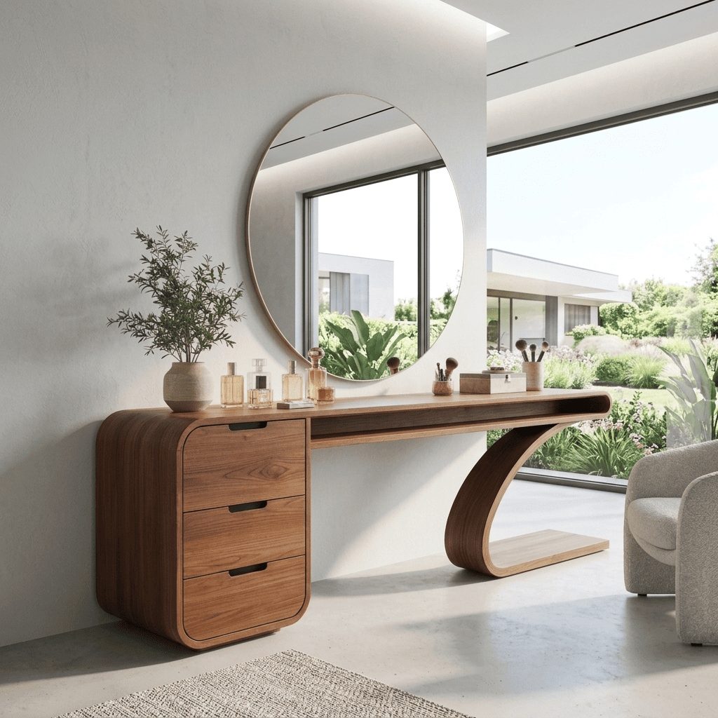 Organic curved solid timber vanity desk creating a functional workspace in a luxury apartment