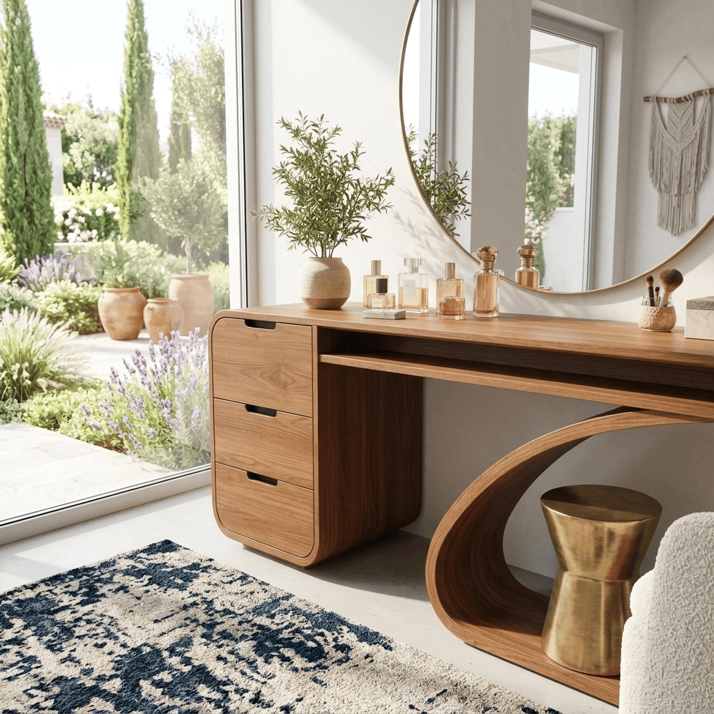 Modern curved vanity table with storage made from natural solid wood
