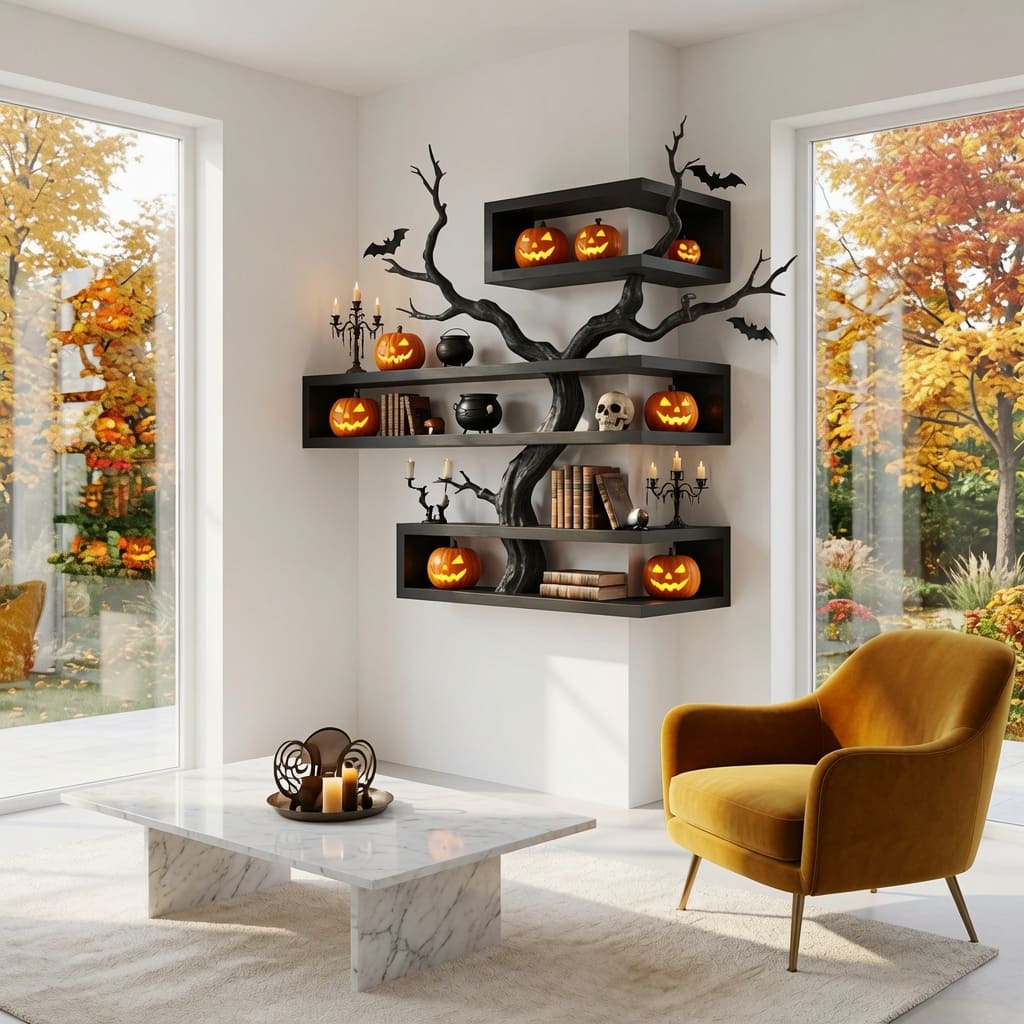 Sculptural dark tree branch solid wood corner shelf in a modern living room