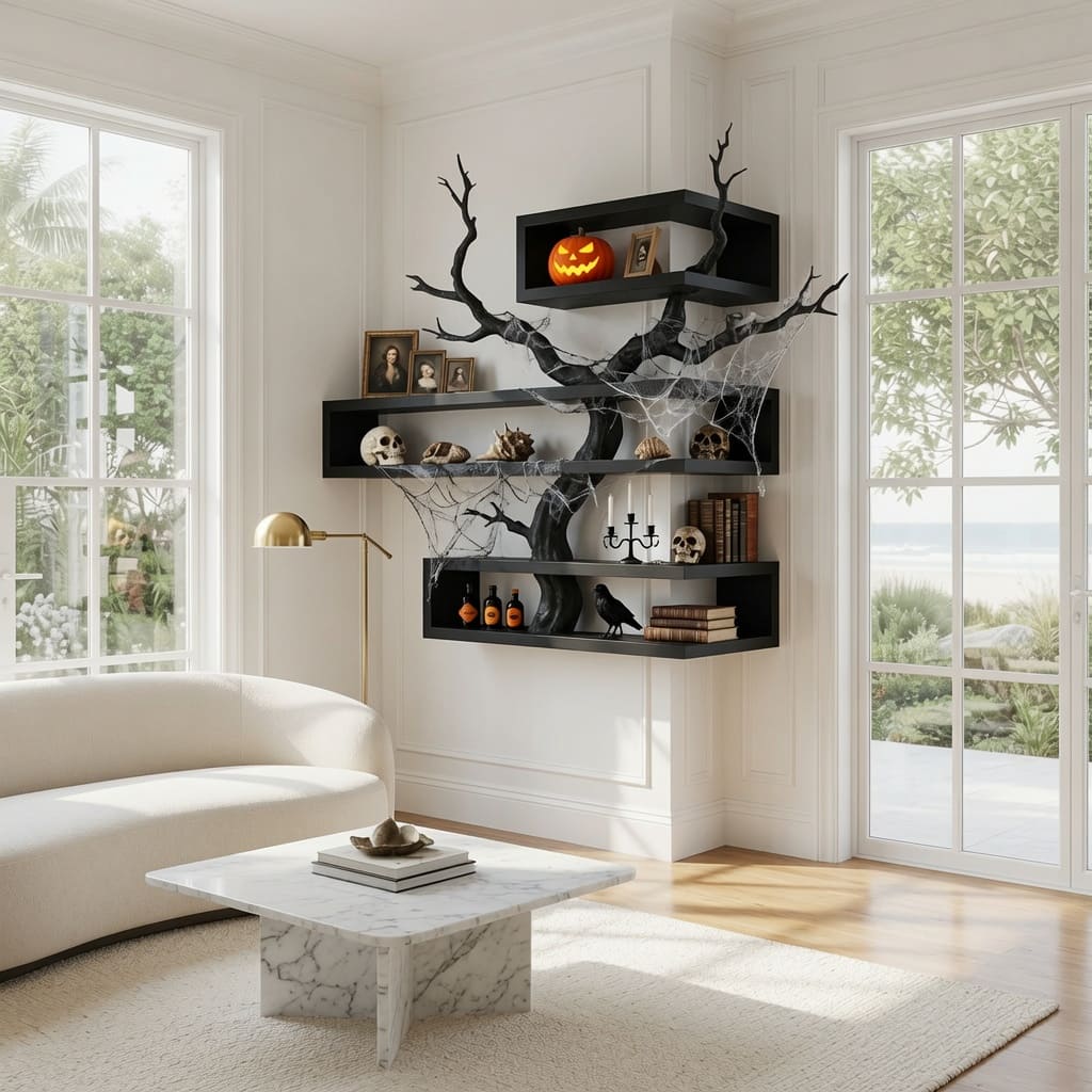 Sculptural dark tree branch solid wood corner shelf in a modern living room