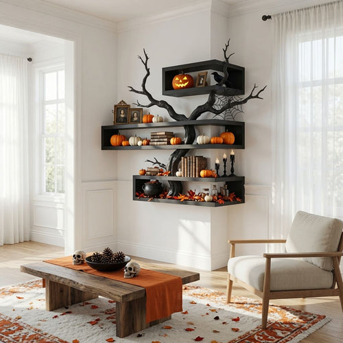 Sculptural Dark Tree Branch Solid Wood Halloween Corner Shelf