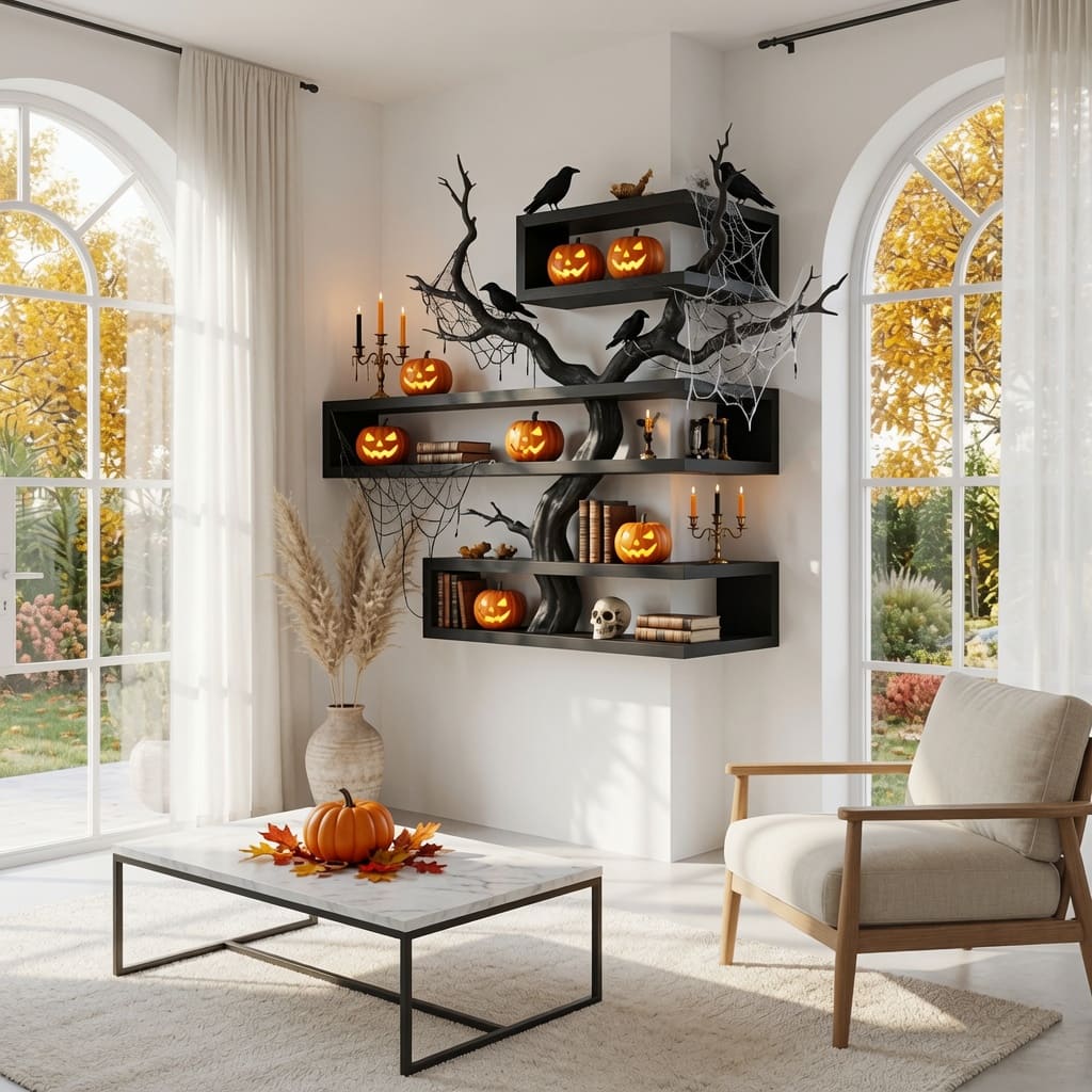 Organic hardwood tree branch corner shelf showcasing pumpkins, candles, and plants in a cozy interior