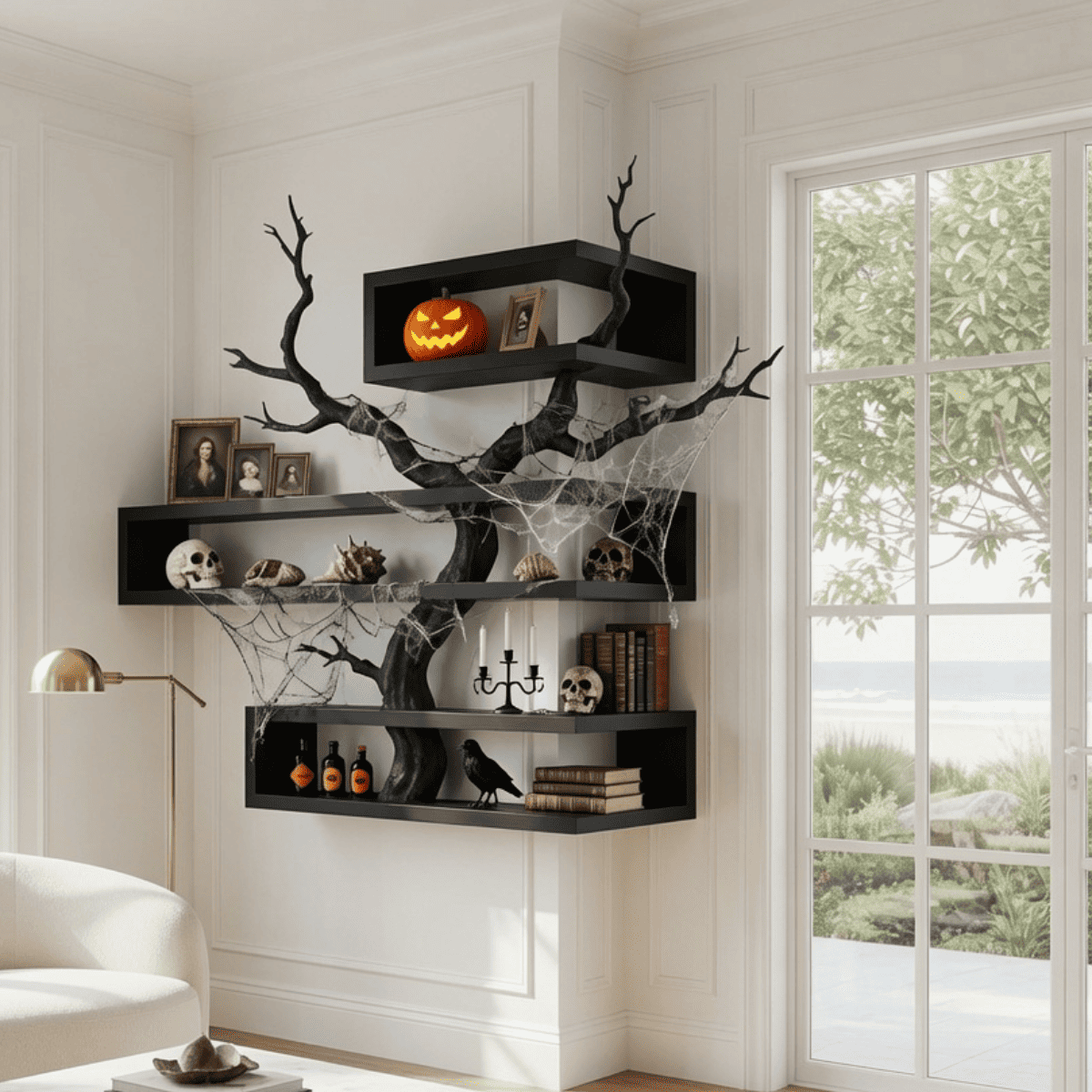 Rustic dark solid wood corner shelf enhancing a farmhouse Halloween display