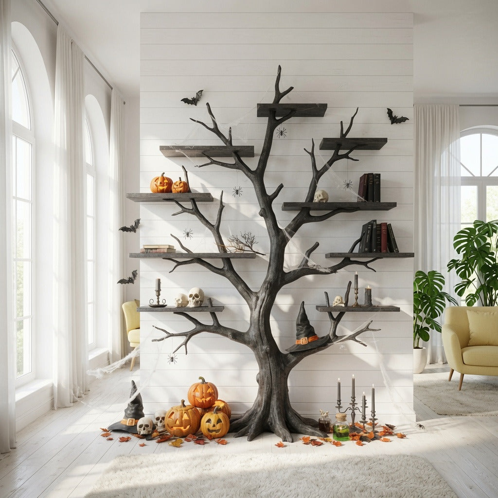 Sculptural dark tree branch solid wood Halloween wall shelf in a modern living room