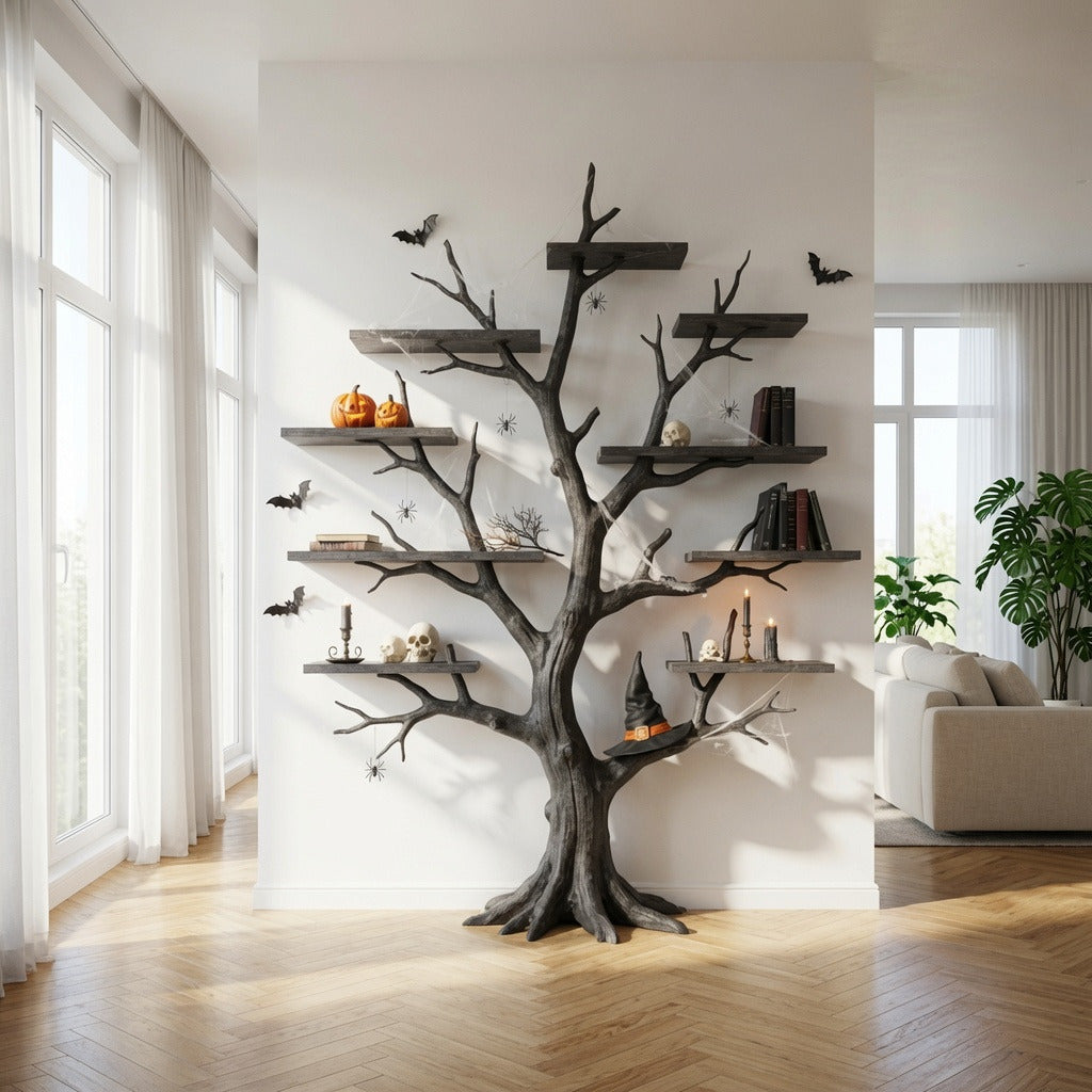 Artisan sculptural tree branch wall shelf creating a dramatic focal point in a contemporary home