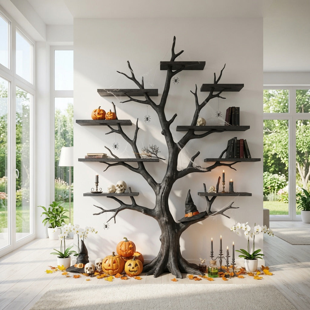 Organic hardwood tree branch display shelf showcasing pumpkins, candles, and seasonal décor
