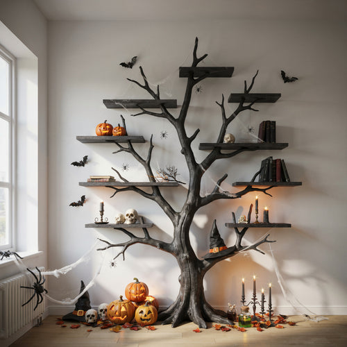 Sculptural Dark Tree Branch Solid Wood Halloween Wall Shelf