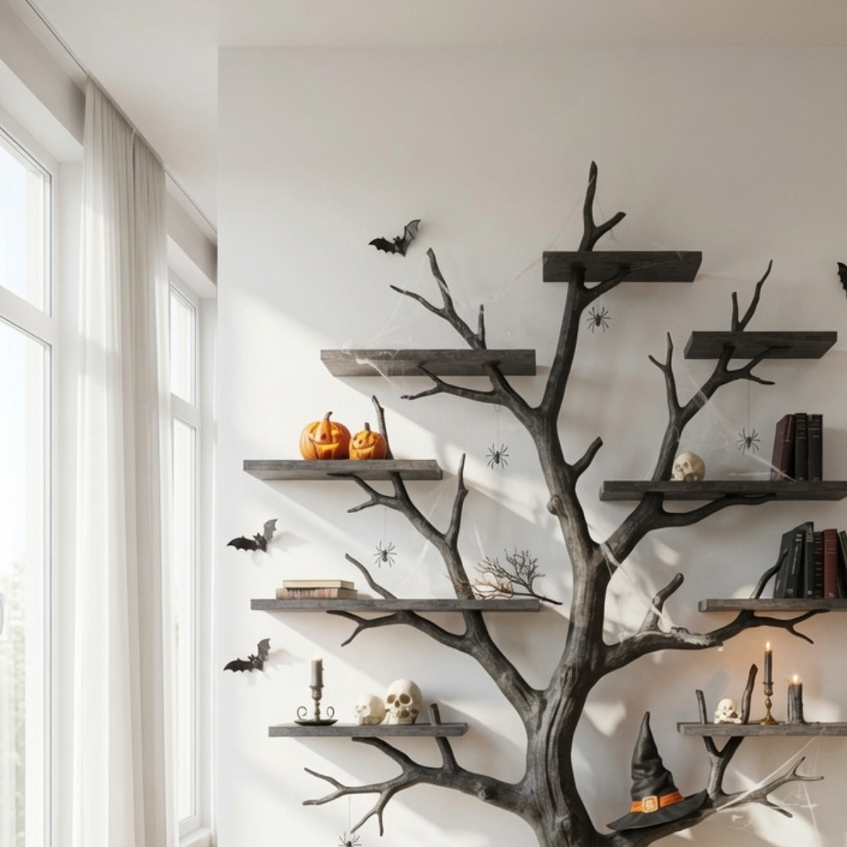 Rustic solid wood Halloween wall shelf with tree branch design