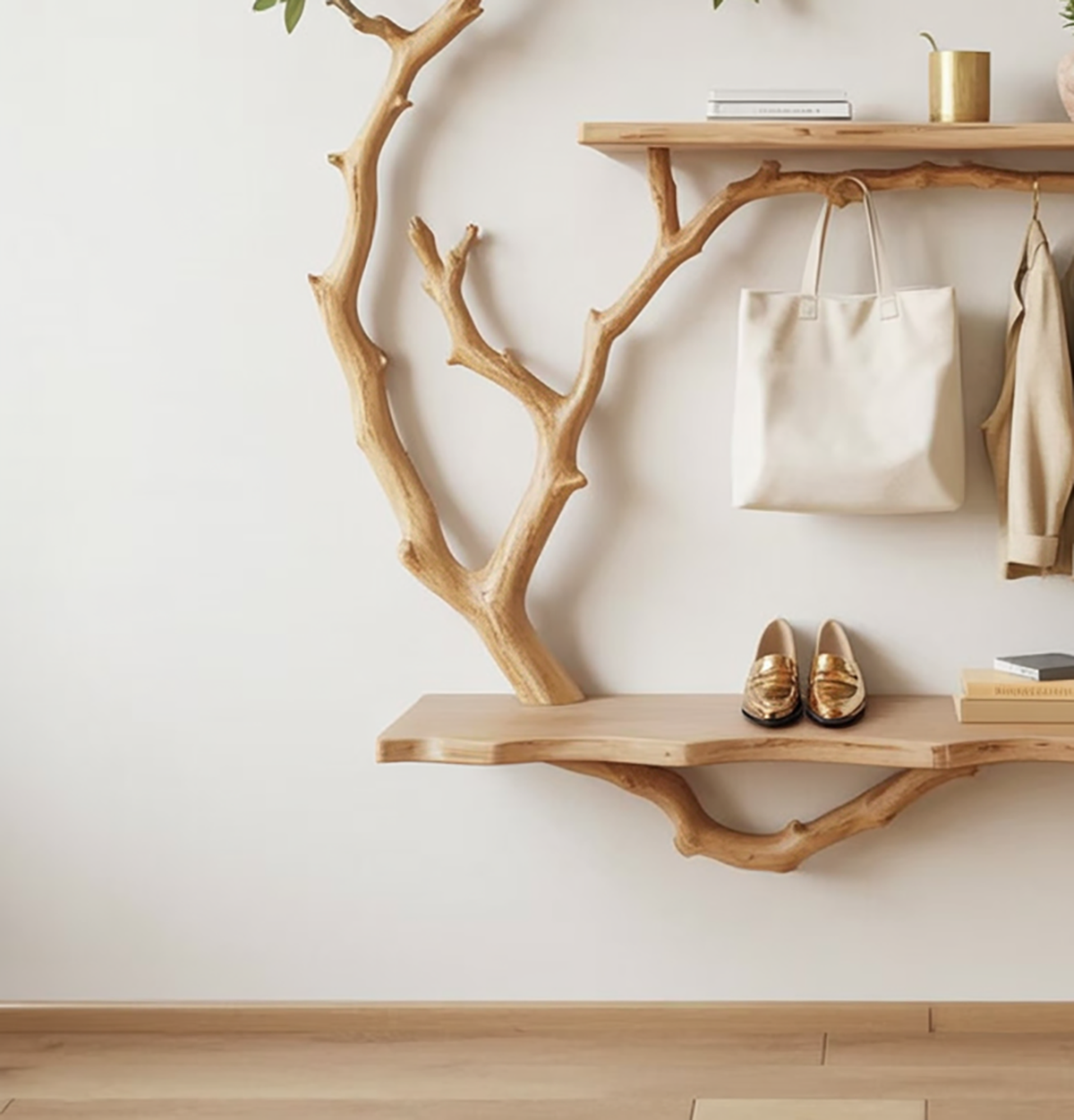Wooden entryway coat rack shaped like a tree