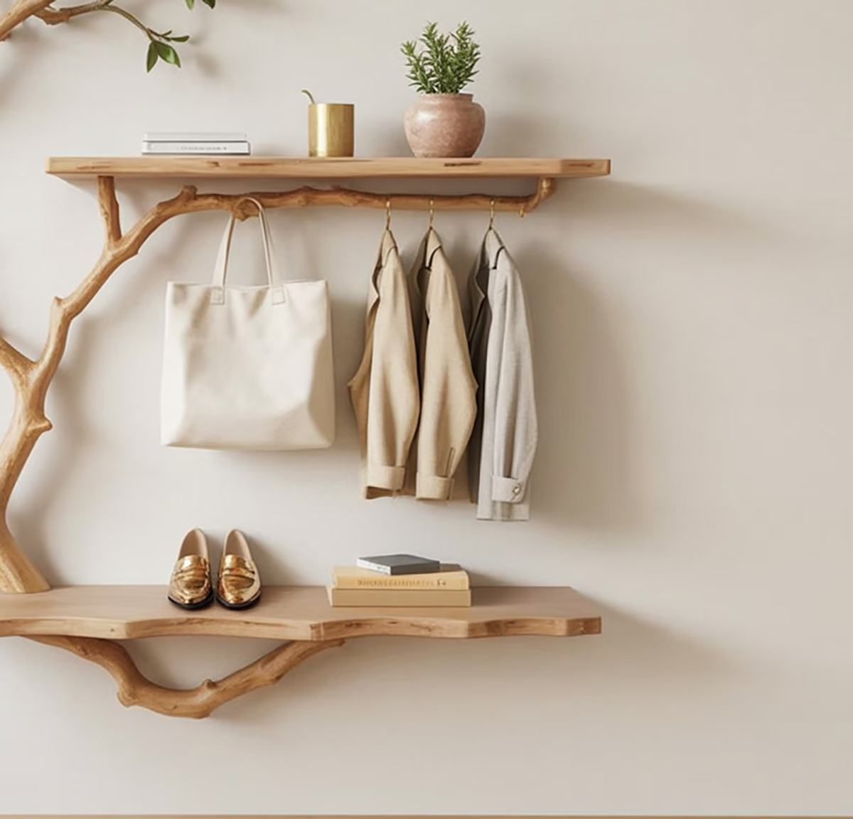 Organic modern wall tree rack for hallway storage