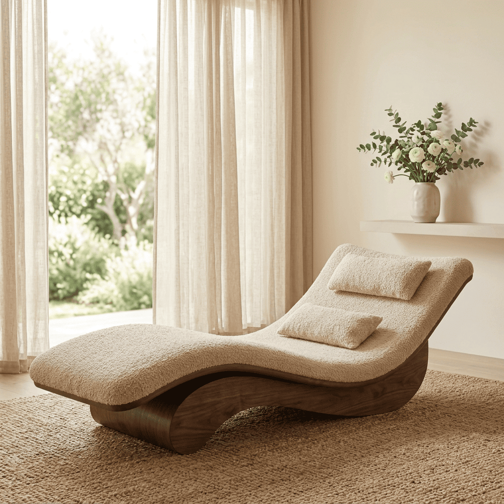 Sculptural solid wood chaise lounge chair styled in a sunlit modern living room