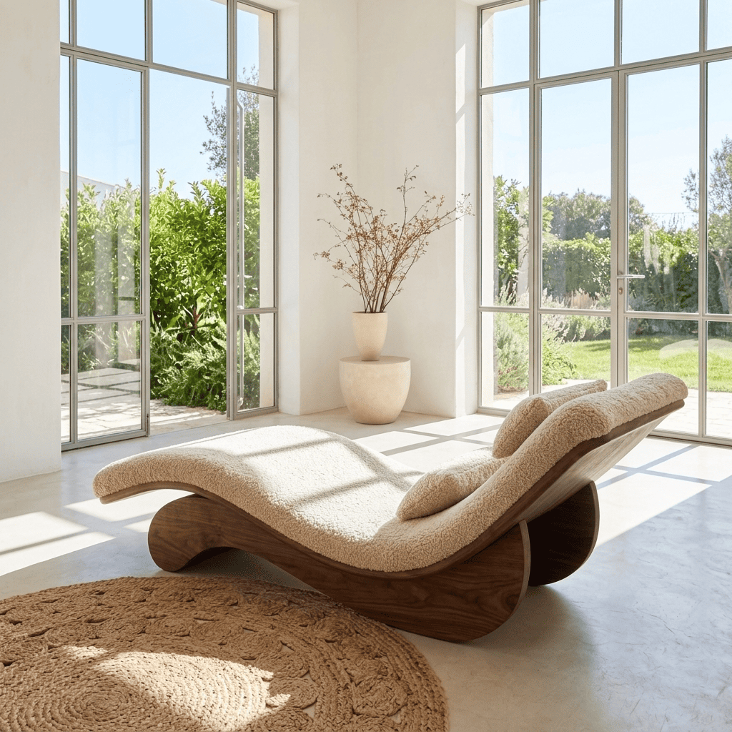 Minimalist solid wood reclining chaise placed in an open-concept home office
