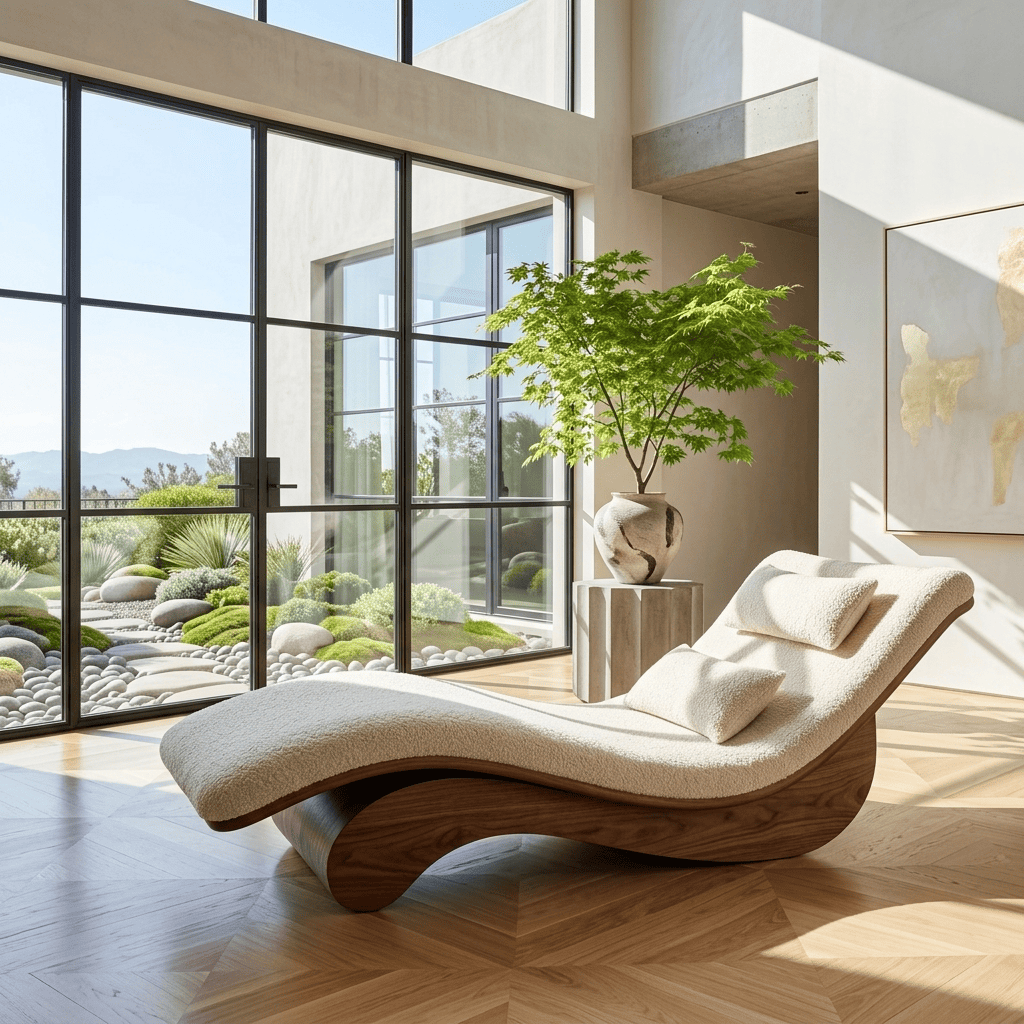 Ergonomic natural wood lounge chair for a cozy reading nook by the window