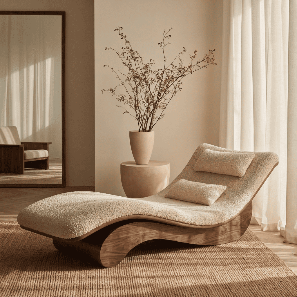Sculptural solid wood chaise lounge chair styled in a sunlit modern living room