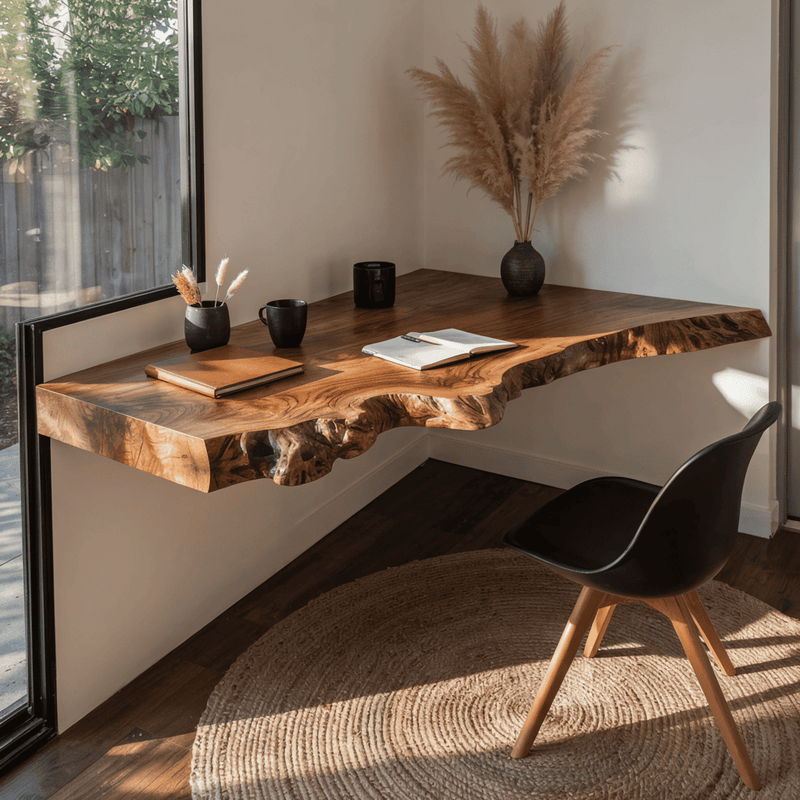 Sculptural floating live edge corner desk and wall-mounted slab in solid wood