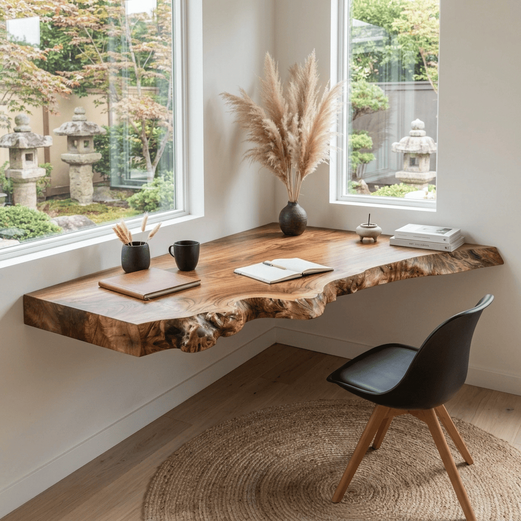 Sculptural solid wood floating live edge corner desk styled in a modern home office