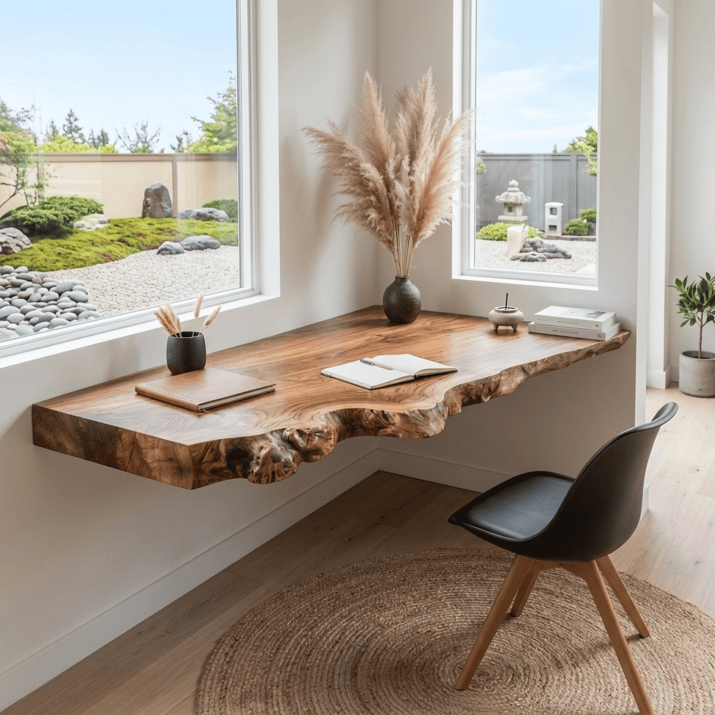 Contemporary natural wood wall-mounted workspace slab for a compact study nook