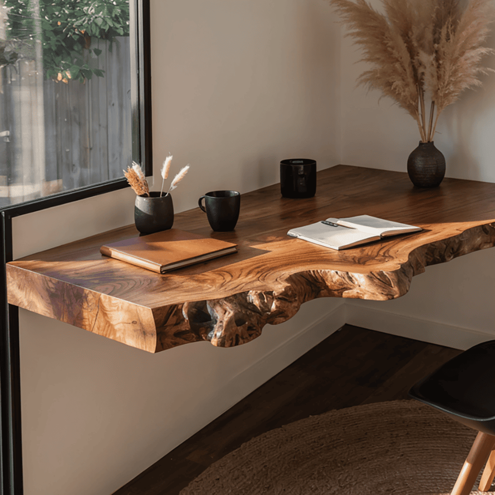 Rustic solid wood floating corner desk mounted in an open-concept living room corner
