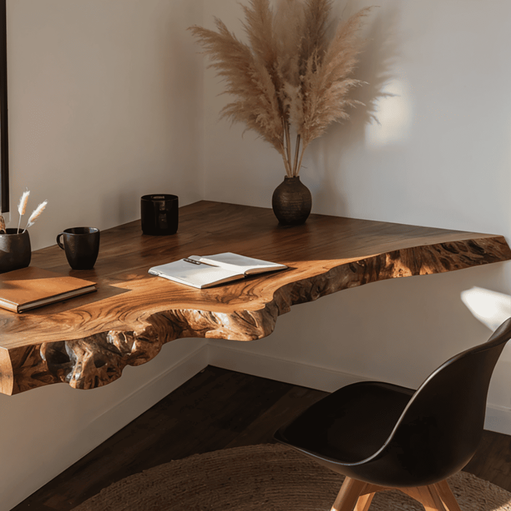 Artisanal solid timber wall-hung computer desk slab creating a functional home studio