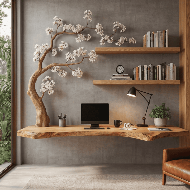 Live edge wall desk with carved blossom branch in solid wood