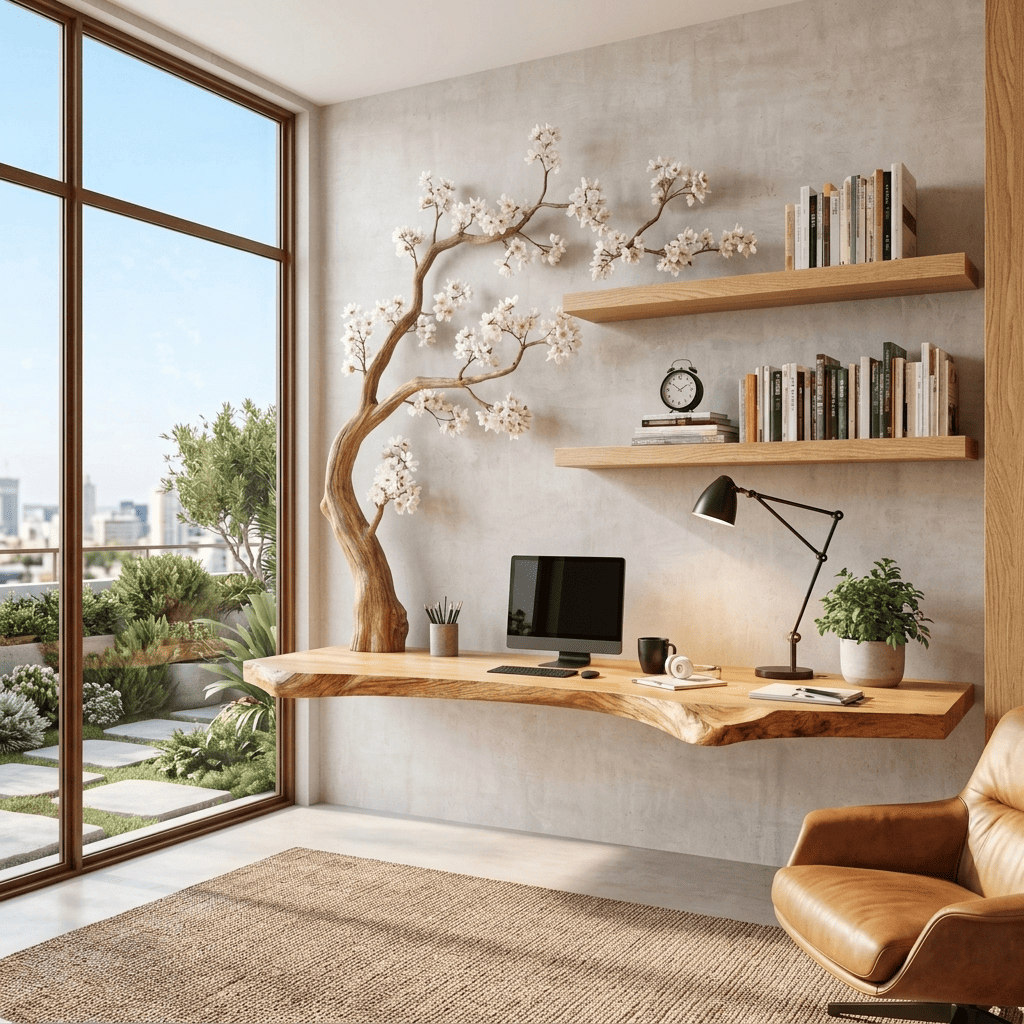 Sculptural live edge solid wood floating desk with carved blossom branch wall unit in a modern home office
