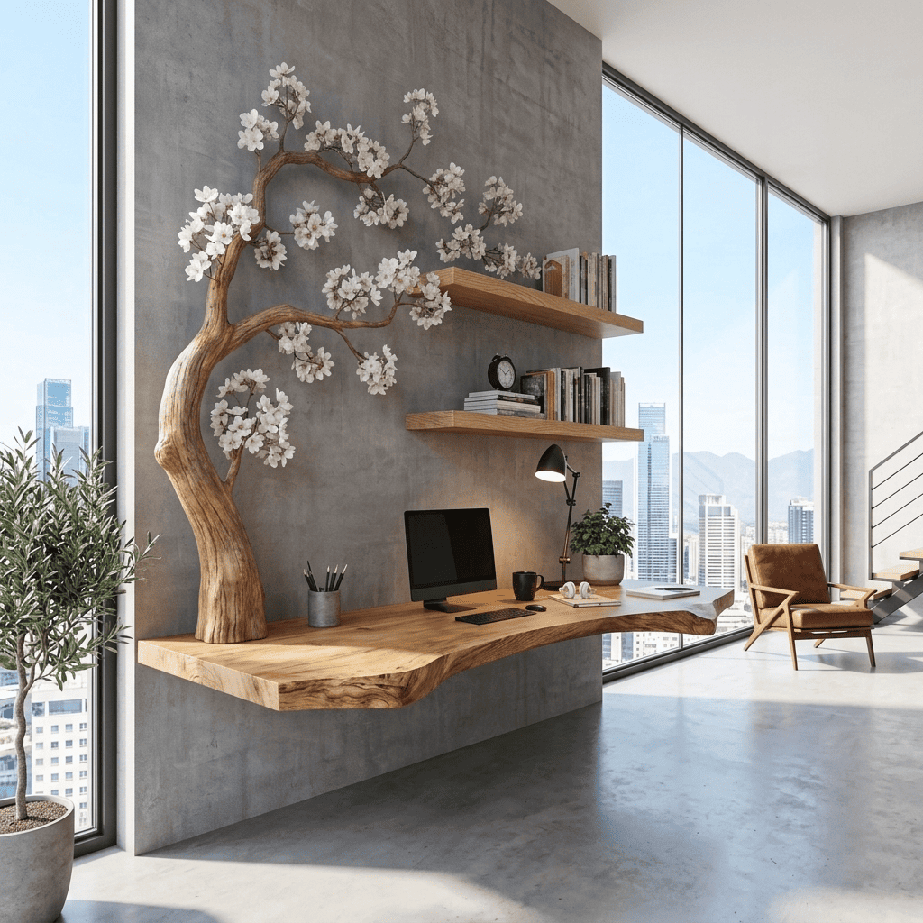 Organic solid wood floating desk styled with a blossom branch wall unit in a contemporary workspace