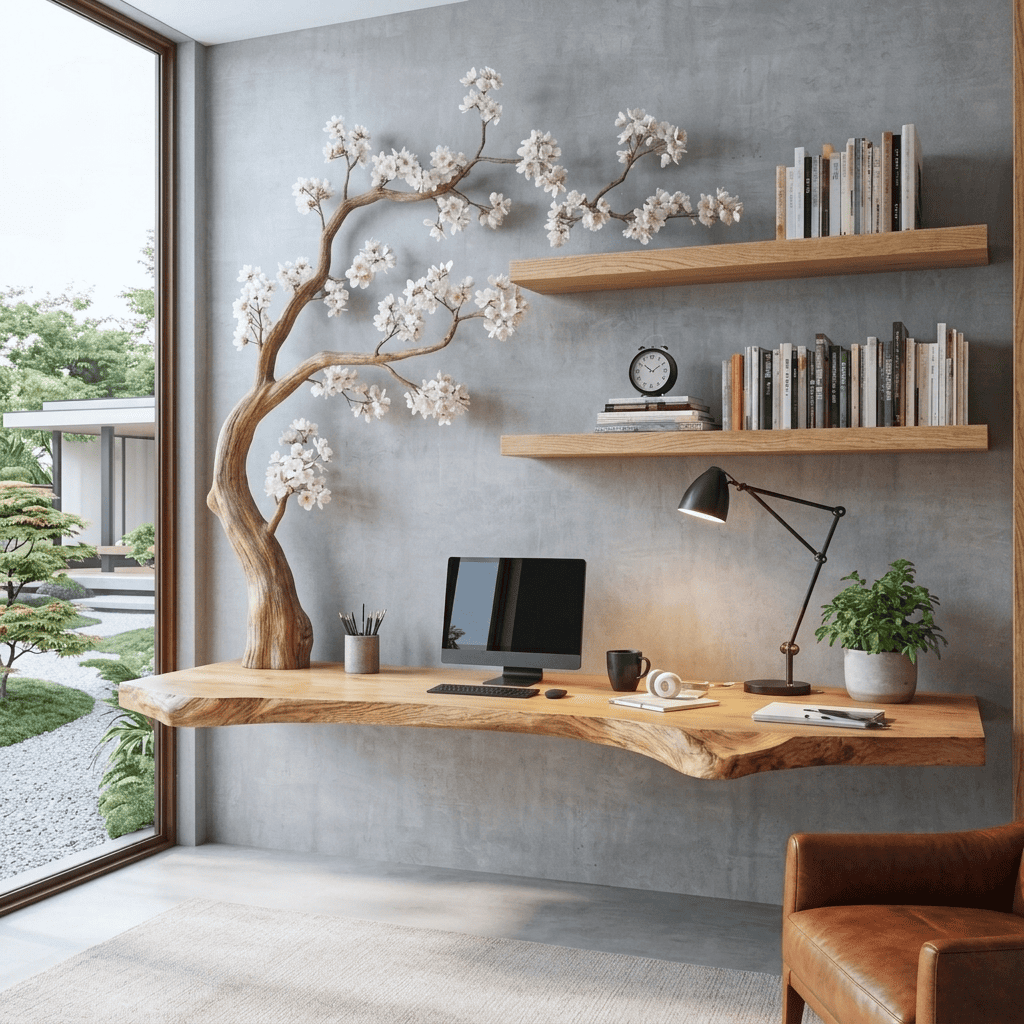 Live edge solid wood desk with carved branch display in a minimalist home office
