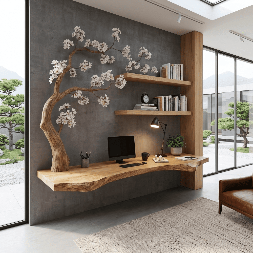 Artistic solid wood floating desk and blossom branch wall unit enhancing a modern workspace