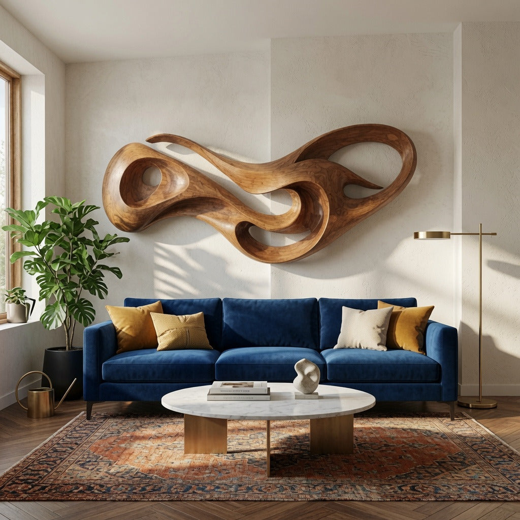 Sculptural flowing organic wall art in solid wood