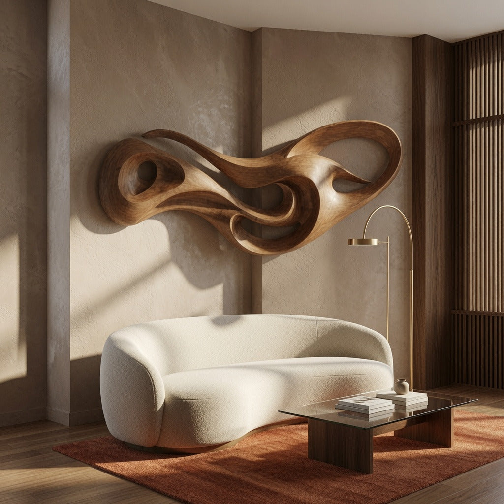 Sculptural flowing solid wood wall art in a modern living room